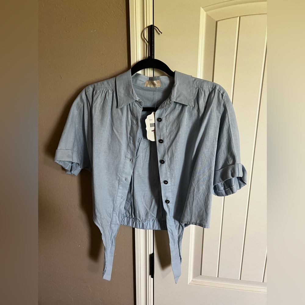 Altar'd State Light Denim Cropped Button Down Shirt